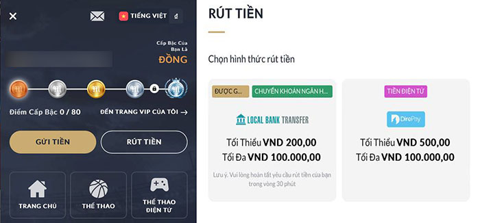 Cách rút tiền từ M88